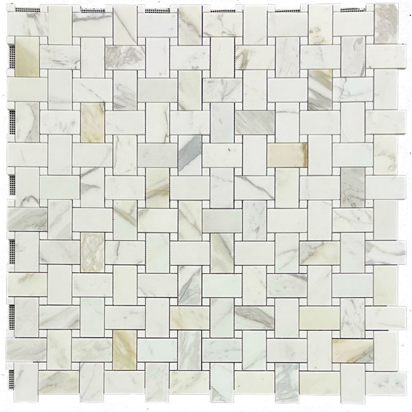 Picture of Elon Tile & Stone - Basketweave Mosaics Calacatta Gold XL 5/8 White Thassos Dot Honed