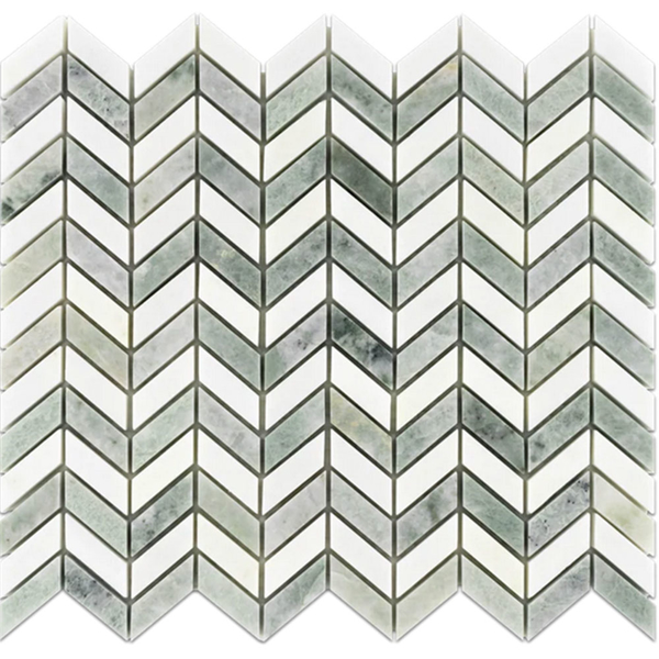 Picture of Elon Tile & Stone - Petite Chevron Mosaics White Thassos Ming Green Polished