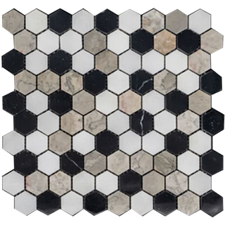 Picture of Elon Tile & Stone - Hexagon Mosaics 1 1/4 Tri-Blend Black White Absolute Temple Grey Polished