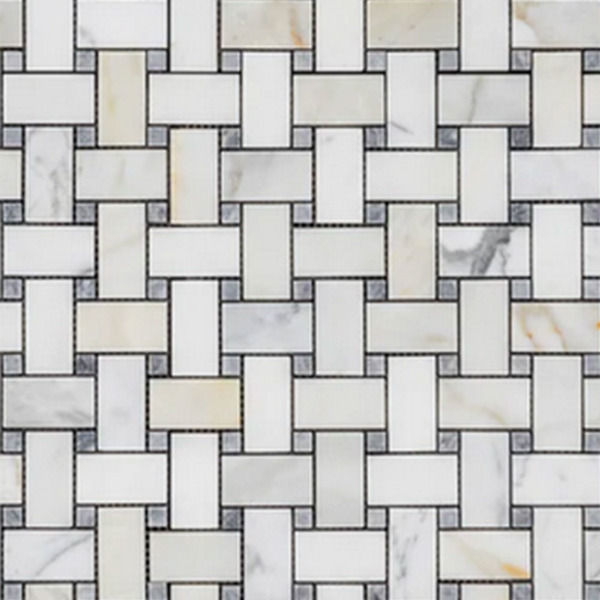 Picture of Elon Tile & Stone - Basketweave Mosaics Calacatta Pacific Gray Dot Honed