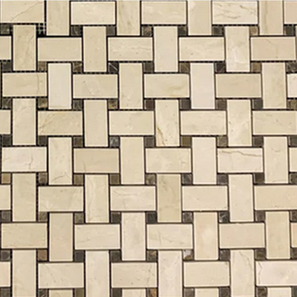 Picture of Elon Tile & Stone - Basketweave Mosaics Crema Marfil Dark Emperador Dot Honed