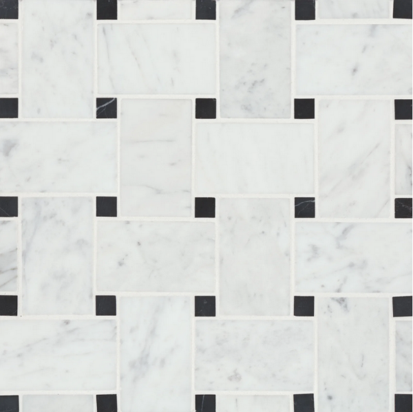Picture of Bedrosians - Marble Stone Mosaic Jumbo Basketweave White Carrara with Absolute Black Dot
