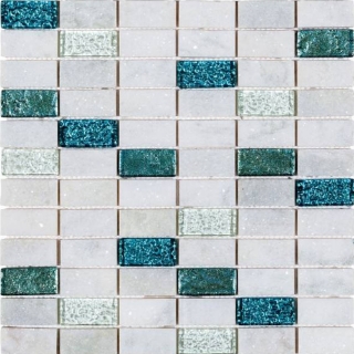 Picture of Bati Orient - Mix Mosaic 1 x 2 White Marble/Glass Mix Turquoise