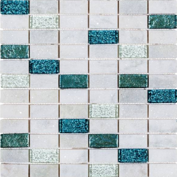 Picture of Bati Orient - Mix Mosaic 1 x 2 White Marble/Glass Mix Turquoise
