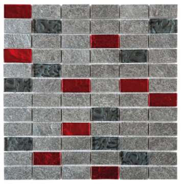 Picture of Bati Orient - Mix Mosaic 1 x 2 Silver Grey Natural Quartzite Glass Red