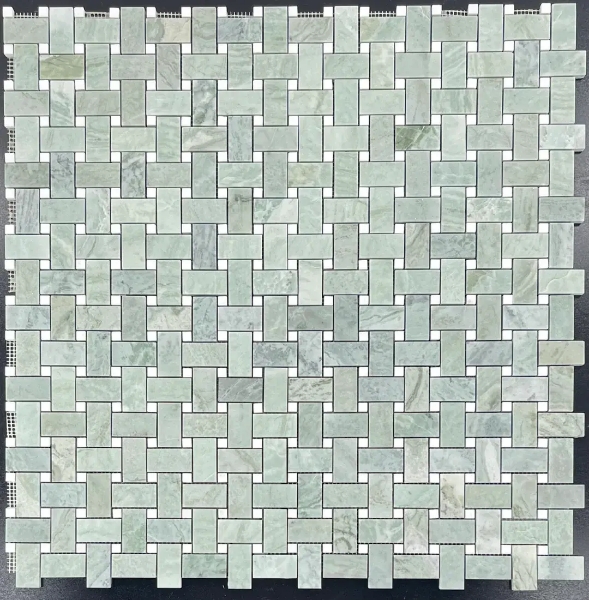 Picture of Elon Tile & Stone - Basketweave Mosaics Emerald Green 3/8 White Thassos Dot Honed