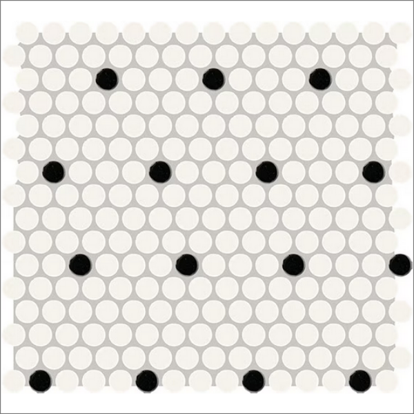 Picture of Daltile - Color Wheel Mosaic Penny Round Matte Arctic White Black Dot